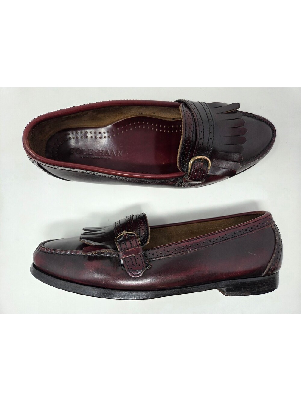 Cole Haan Burgundy Leather Kiltie Loafers W/ Buckle Mens 9.5